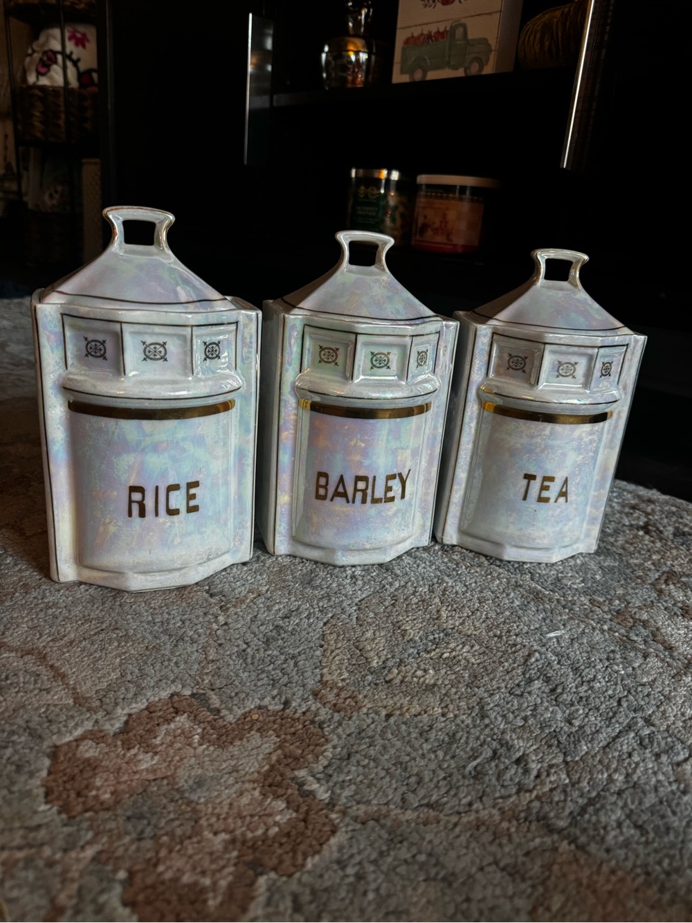 Vintage Ceramic Canister Set - Rice Barley Tea - Iridescent White